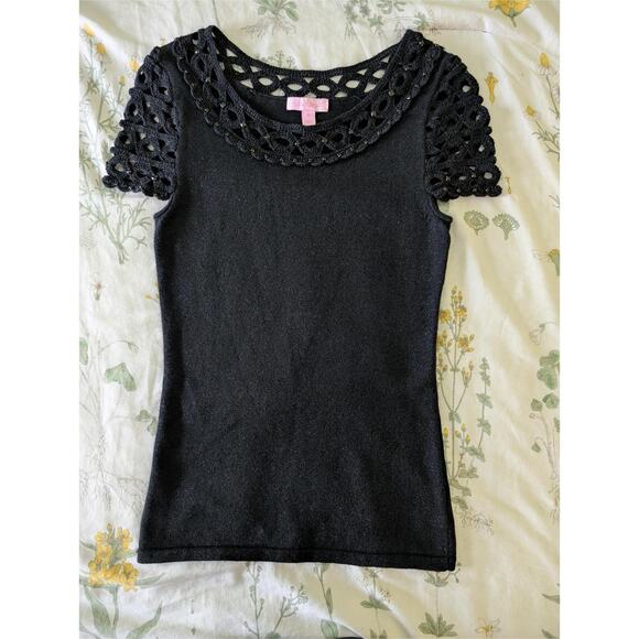 Lily Pulitzer Metallic Tread Black Rhinestone Detail Crochet Trim Top - Picture 1 of 4